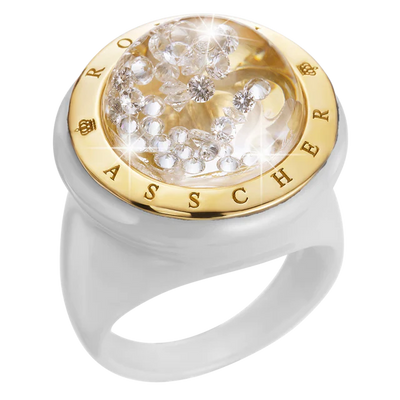 The Stellar White Ceramic And Yellow Gold Ring With Floating Diamonds Small Dome