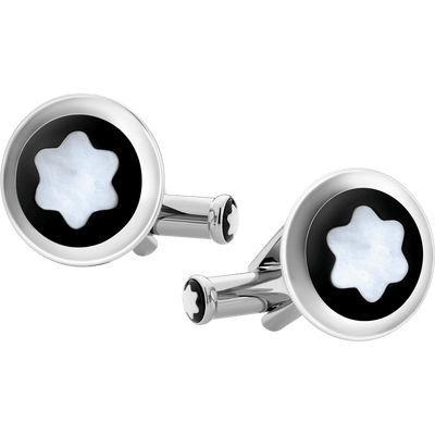 Cufflinks, round in stainless steel with black PVD inlay and mother-of-pearl snowcap emblem