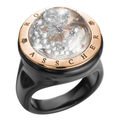 The Stellar Black Ceramic And Rose Gold Ring With Floating Diamonds Small Dome