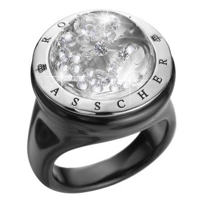 The Stellar Black Ceramic And White Gold Ring With Floating Diamonds Small Dome