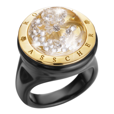 The Stellar Black Ceramic And Yellow Gold Ring With Floating Diamonds Small Dome