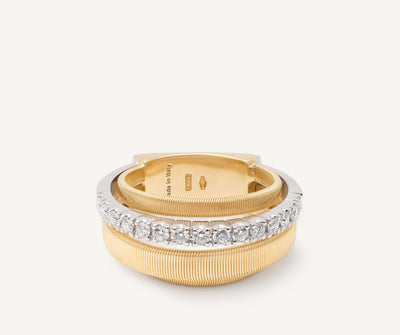18kt yellow gold 4-strand coil ring with diamond pavé band
