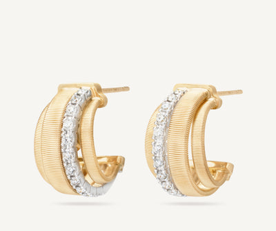 18K Yellow Gold Coil and Diamond Huggie Earrings