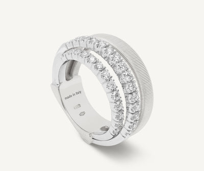 18kt white gold 4-strand coil ring with diamond 2 pavé bands